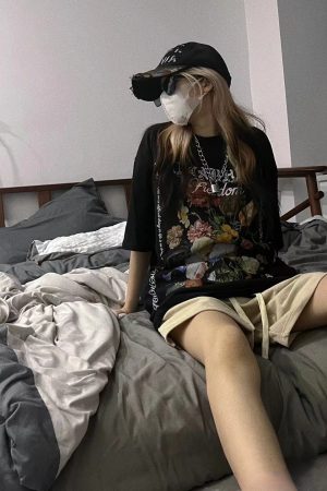 2023 Summer American Vintage Floral Print Short Sleeve T-Shirt Loose Fit High Street Style for Couples