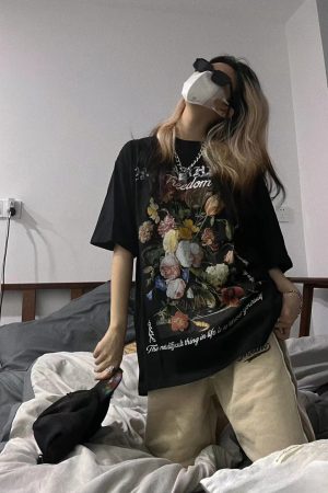 2023 Summer American Vintage Floral Print Short Sleeve T-Shirt Loose Fit High Street Style for Couples