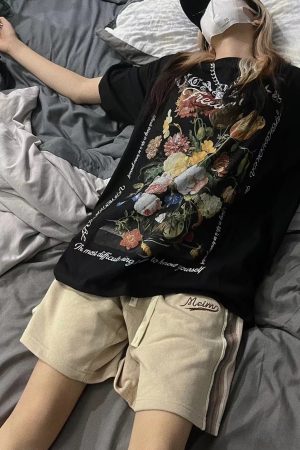 2023 Summer American Vintage Floral Print Short Sleeve T-Shirt Loose Fit High Street Style for Couples