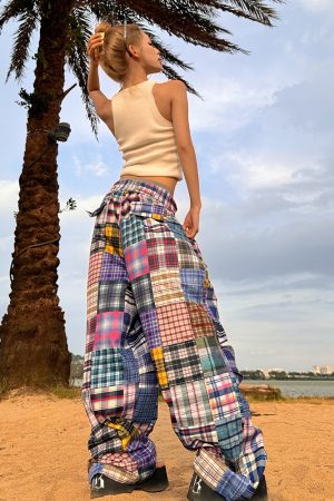 2025 American Retro Colorful Patchwork Plaid Wide-Leg Pants Unisex Versatile Floor-Length Trousers Y2K Style