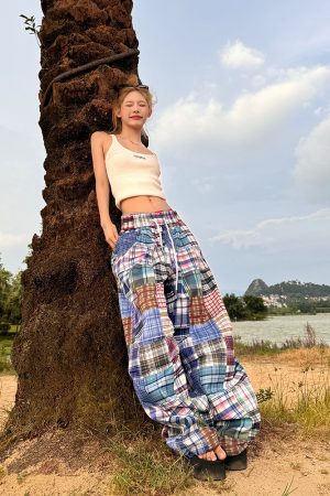 2025 American Retro Colorful Patchwork Plaid Wide-Leg Pants Unisex Versatile Floor-Length Trousers Y2K Style
