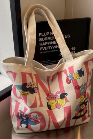 2025 Cartoon Letter Canvas Tote Bag for Women, Large Capacity Shoulder Bag for Class, Commuting, and Short Trips