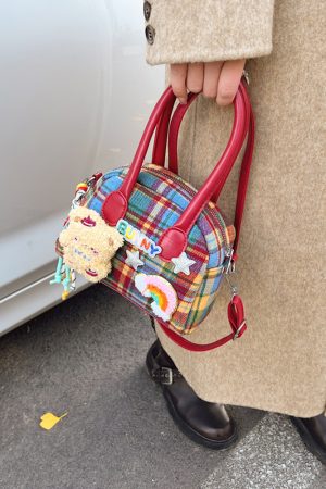 2025 Cute Cartoon Handbag for Women - Spring Summer Plaid Fabric Shell Bag, Casual Shoulder Crossbody Bag