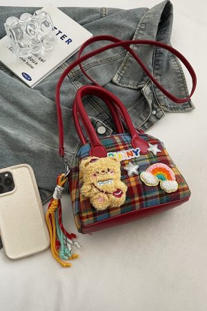 2025 Cute Cartoon Handbag for Women - Spring Summer Plaid Fabric Shell Bag, Casual Shoulder Crossbody Bag