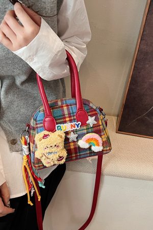 2025 Cute Cartoon Handbag for Women - Spring Summer Plaid Fabric Shell Bag, Casual Shoulder Crossbody Bag