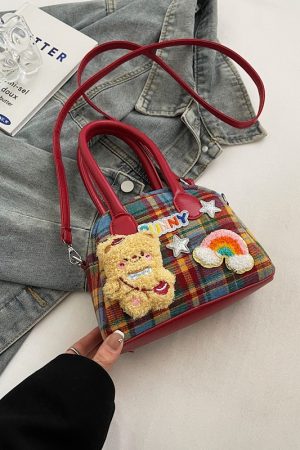 2025 Cute Cartoon Handbag for Women - Spring Summer Plaid Fabric Shell Bag, Casual Shoulder Crossbody Bag