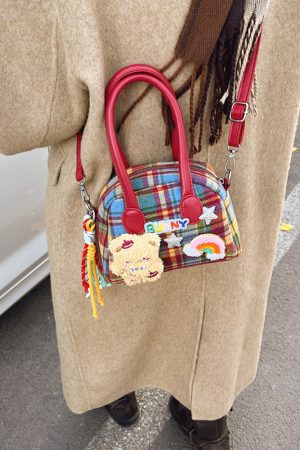 2025 Cute Cartoon Handbag for Women - Spring Summer Plaid Fabric Shell Bag, Casual Shoulder Crossbody Bag