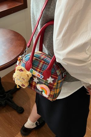 2025 Cute Cartoon Handbag for Women - Spring Summer Plaid Fabric Shell Bag, Casual Shoulder Crossbody Bag