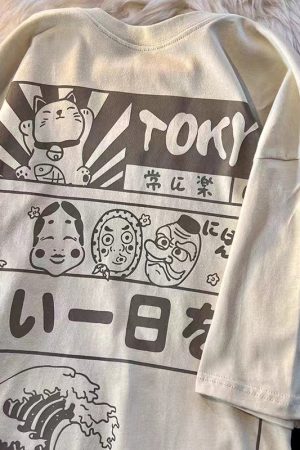 2025 Japanese-Style Loose Cartoon Print Red Short Sleeve T-Shirt for Couples - Trendy Y2K Aesthetic