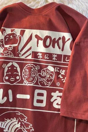 2025 Japanese-Style Loose Cartoon Print Red Short Sleeve T-Shirt for Couples - Trendy Y2K Aesthetic