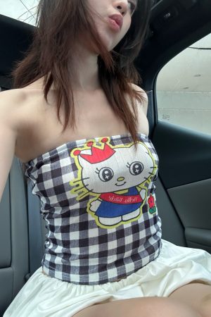 2025 New American Vintage Kitty Cat Print Color Block Strapless Top for Women - Cute Cartoon Plaid Style