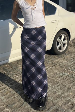 2025 New American Vintage Sweet and Spicy Plaid Sheer Stretch Midi Skirt for Women - Slim Fit Y2K Inspired Fashion