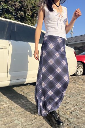 2025 New American Vintage Sweet and Spicy Plaid Sheer Stretch Midi Skirt for Women - Slim Fit Y2K Inspired Fashion