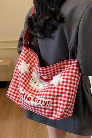 2025 New Cartoon Plaid Canvas Crossbody Bag for Women - Large Capacity Shoulder Tote for Spring and Summer