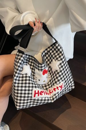 2025 New Cartoon Plaid Canvas Crossbody Bag for Women - Large Capacity Shoulder Tote for Spring and Summer
