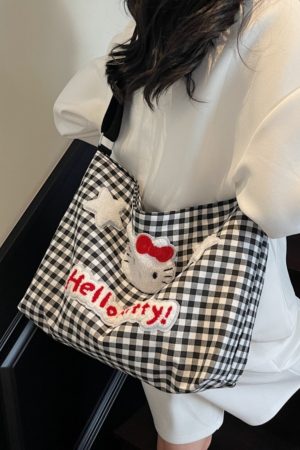 2025 New Cartoon Plaid Canvas Crossbody Bag for Women - Large Capacity Shoulder Tote for Spring and Summer