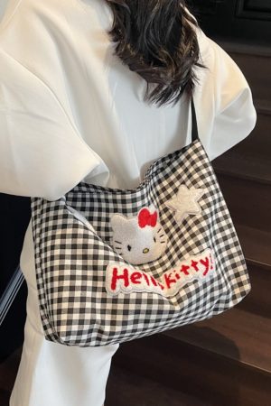 2025 New Cartoon Plaid Canvas Crossbody Bag for Women - Large Capacity Shoulder Tote for Spring and Summer