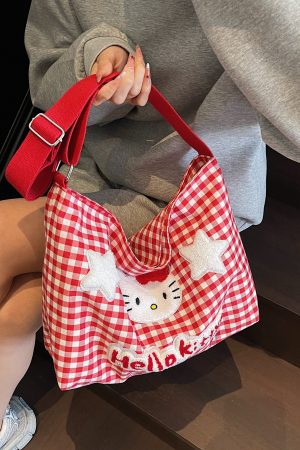 2025 New Cartoon Plaid Canvas Crossbody Bag for Women - Large Capacity Shoulder Tote for Spring and Summer