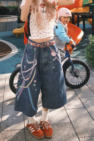 2025 Spring American 3D Chain Color Printed Loose Wide-Leg Denim Shorts for Men and Women - Trendy Unisex Fashion