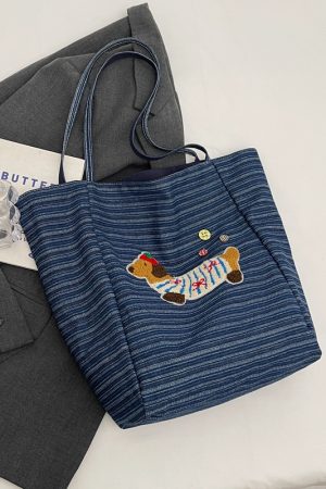 2025 Spring Summer Striped Canvas Shoulder Tote Bag - Cute Large Capacity Casual Commuting Bag for Women