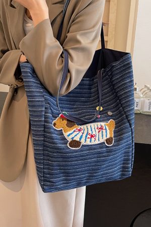 2025 Spring Summer Striped Canvas Shoulder Tote Bag - Cute Large Capacity Casual Commuting Bag for Women