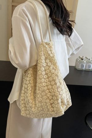 2025 Summer Floral Lace Hollow Small Round Fabric Tote Bag for Women - Large Capacity Commuting Shoulder Bag