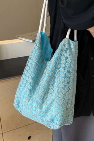 2025 Summer Floral Lace Hollow Small Round Fabric Tote Bag for Women - Large Capacity Commuting Shoulder Bag