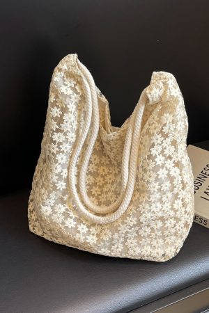 2025 Summer Floral Lace Hollow Small Round Fabric Tote Bag for Women - Large Capacity Commuting Shoulder Bag