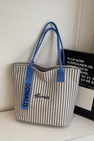 2025 Summer Striped Canvas Tote Bag for Women - Large Capacity Korean Style Shoulder Bag for Commuting and Classroom