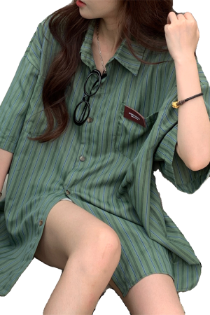 2025 Summer Striped Short Sleeve Shirt for Women - Trendy Casual Blouse, Loose Versatile Top for Students, American Style