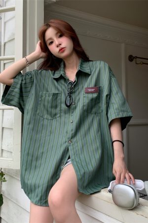 2025 Summer Striped Short Sleeve Shirt for Women - Trendy Casual Blouse, Loose Versatile Top for Students, American Style