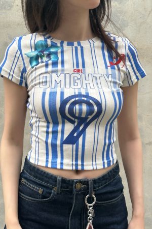 2025 Summer Women's Blue Striped Tight Round Neck T-Shirt - Trendy Jersey Style, Short Sleeve, Casual Fashion
