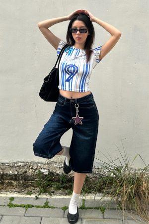 2025 Summer Women's Blue Striped Tight Round Neck T-Shirt - Trendy Jersey Style, Short Sleeve, Casual Fashion