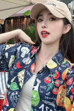 2025 Summer Women's Cartoon Print Short Sleeve Shirt - Casual Loose Hawaiian Beach Top