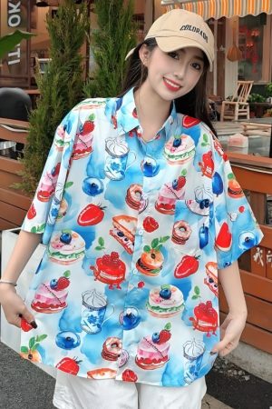 2025 Summer Women's Cartoon Print Short Sleeve Shirt - Casual Loose Hawaiian Beach Top