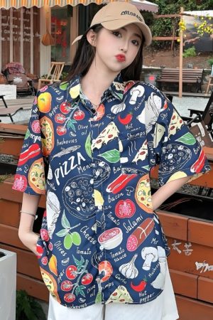 2025 Summer Women's Cartoon Print Short Sleeve Shirt - Casual Loose Hawaiian Beach Top