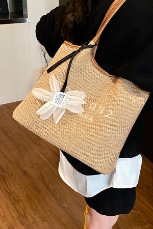 2025 Summer Women's Large Capacity Woven Straw Tote Bag - Minimalist Casual Beach Vacation Style