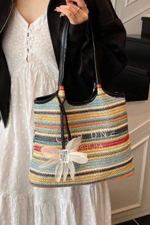 2025 Summer Women's Large Capacity Woven Straw Tote Bag - Minimalist Casual Beach Vacation Style