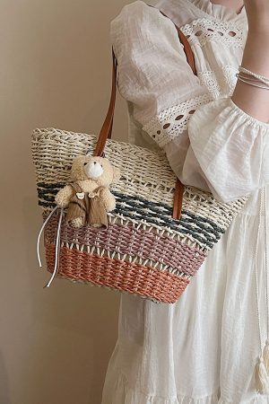 2025 Summer Women's Versatile Woven Straw Bucket Bag - Fashionable Crossbody for Beach Vacation & Everyday Use