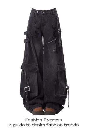 2025 Women's American Style Heavy-Duty Ripped Wide-Leg Workwear Jeans with Multi-Pockets for Spring & Autumn Fashion