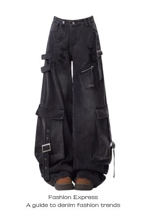 2025 Women's American Style Heavy-Duty Ripped Wide-Leg Workwear Jeans with Multi-Pockets for Spring & Autumn Fashion