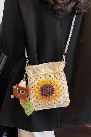 2025 Women's Cotton Woven Crossbody Bag with Pearl Chain - Small Beach Vacation Phone Bag for Summer Style