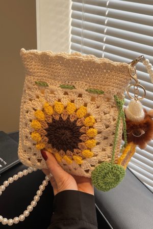 2025 Women's Cotton Woven Crossbody Bag with Pearl Chain - Small Beach Vacation Phone Bag for Summer Style