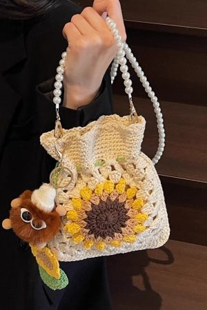 2025 Women's Cotton Woven Crossbody Bag with Pearl Chain - Small Beach Vacation Phone Bag for Summer Style