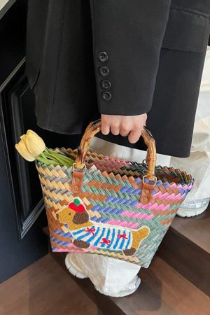 2025 Women's Handheld Bamboo Joint Beach Bag - Color-Blocking Woven Travel Basket for Shopping & Summer Style