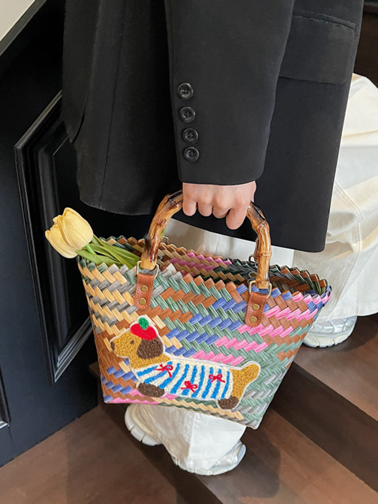 2025 Women's Handheld Bamboo Joint Beach Bag - Color-Blocking Woven Travel Basket for Shopping & Summer Style 2025 Women's Handheld Bamboo Joint Beach Bag - Color-Blocking Woven Travel Basket for Shopping & Summer Style