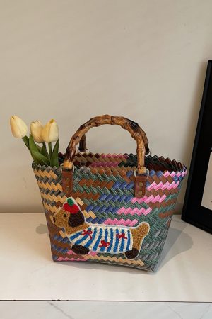 2025 Women's Handheld Bamboo Joint Beach Bag - Color-Blocking Woven Travel Basket for Shopping & Summer Style