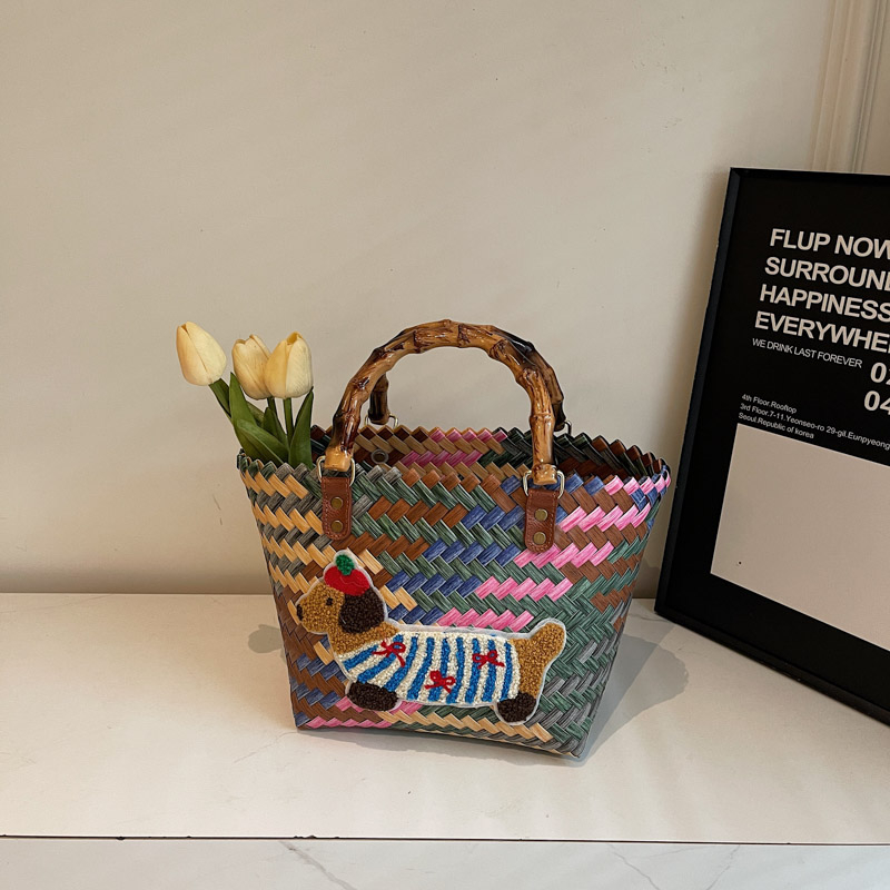 2025 Women's Handheld Bamboo Joint Beach Bag - Color-Blocking Woven Travel Basket for Shopping & Summer Style 2025 Women's Handheld Bamboo Joint Beach Bag - Color-Blocking Woven Travel Basket for Shopping & Summer Style