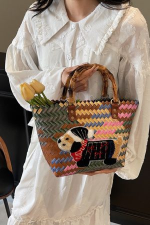 2025 Women's Handheld Bamboo Joint Beach Bag - Color-Blocking Woven Travel Basket for Shopping & Summer Style