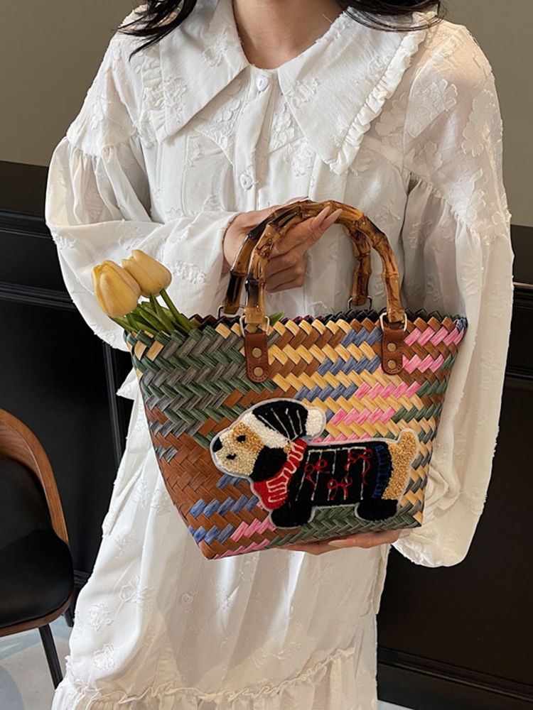 2025 Women's Handheld Bamboo Joint Beach Bag - Color-Blocking Woven Travel Basket for Shopping & Summer Style 2025 Women's Handheld Bamboo Joint Beach Bag - Color-Blocking Woven Travel Basket for Shopping & Summer Style